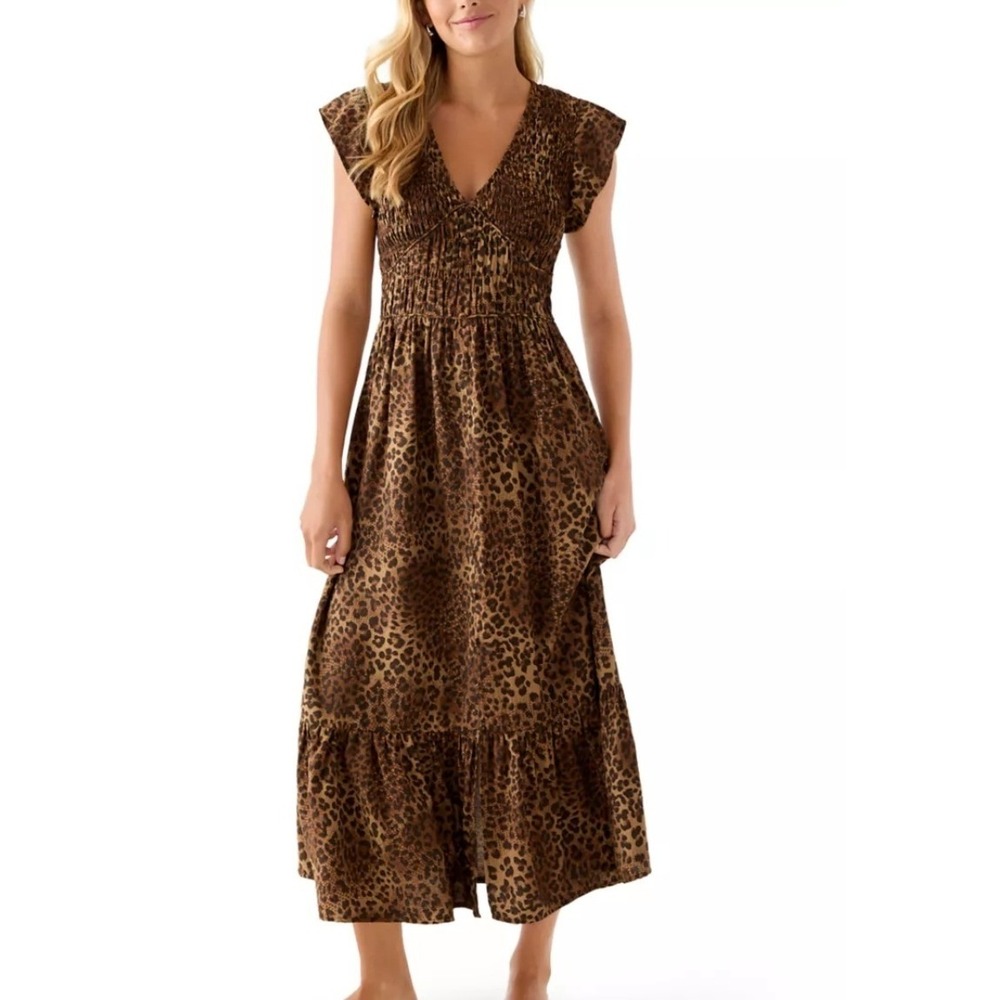 Oak & Trellis Leopard Print Smocked Midi Dress Chocolate Brown M NEW
